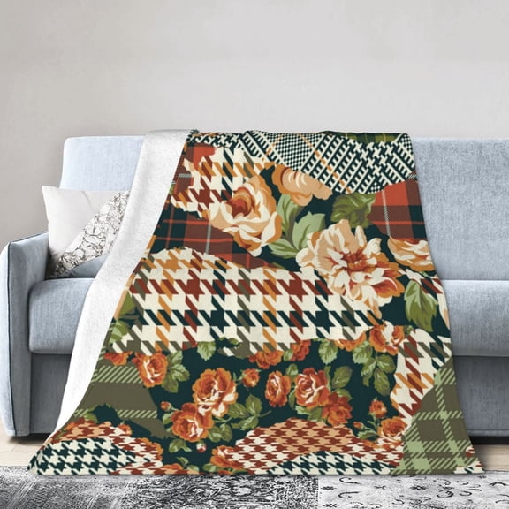 Houndstooth tartan and roses fabric patchwork Flannel Blanket Funny Ultra-Soft Micro Warm Throw Blanket Fleece Blanket Interesting Gift 60"x50"
