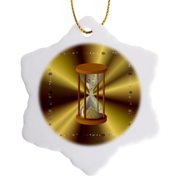 3drose, Hour Glass Years Falling, Happy New Year, 2016, Gold Snowflake Frame, 3 inch Snowflake Porcelain Ornament