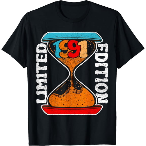 Hourglass 33 Year Old 1991 Limited Edition 33rd Birthday T-Shirt men and women can wear, black, white, gifts
