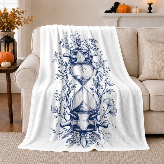 Hourglass with Antlers and Blue Wildflowers, Mystical Botanical Time Motif for Nature Art Lovers, Housewarming Gift, Cozy Flannel Blanket for Study Room and Reading Nook, Elegant Home Decor