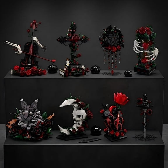 Hourglass of Bleached Bones Halloween Gothic Rose Building Blocks Set - Cool Dark Style Building Toys for Halloween Decorations, Whimsical Collectible Gift for Horror Fans (376PCS)