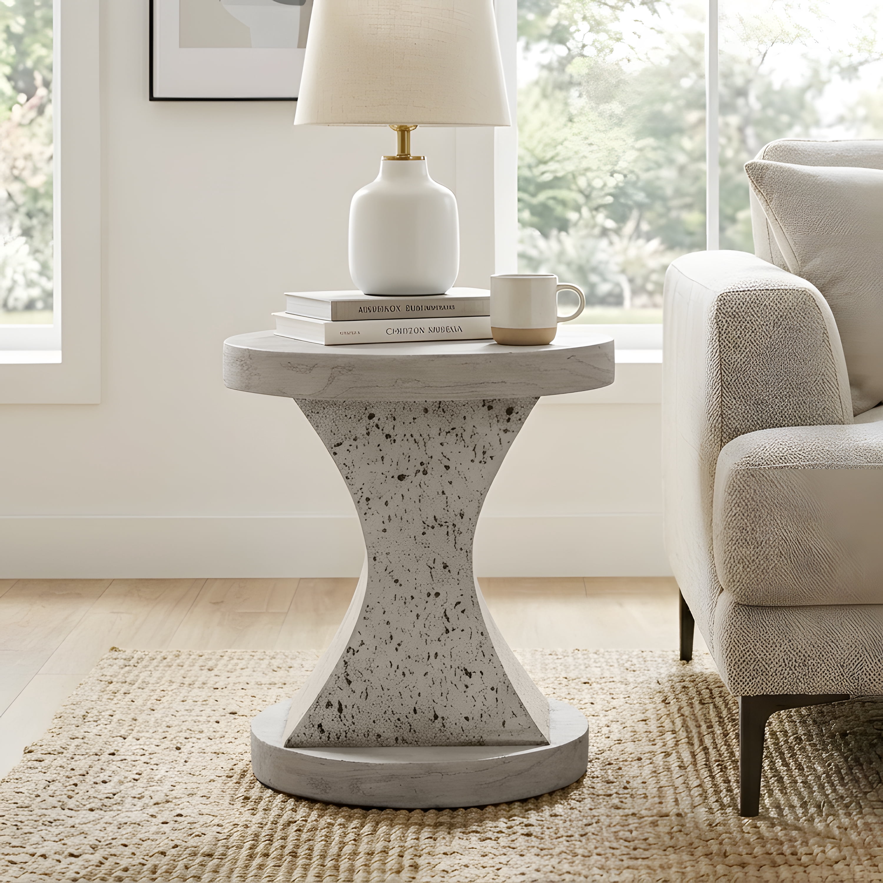Hourglass MGO Side Table–Waterproof, Fireproof, Sturdy & Textured–No Assembly Required，Ivory Oak Travertine