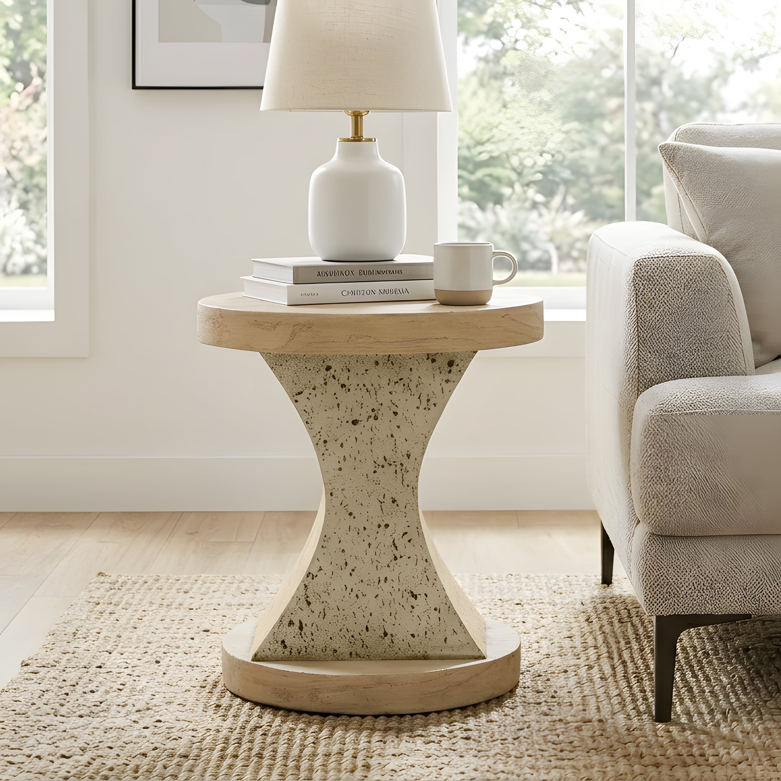 Hourglass MGO Side Table–Waterproof, Fireproof, Sturdy & Textured–No Assembly Required，Sahara Oak Travertine