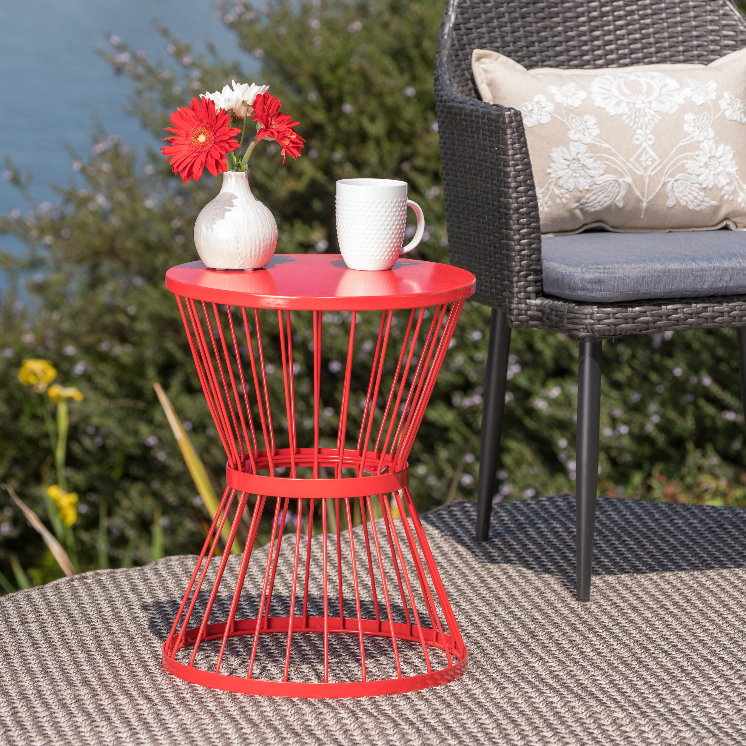 Hourglass Side Table, 16 Inch Stainless Steel Open Cage Design End Table for Patio Balcony, Rust