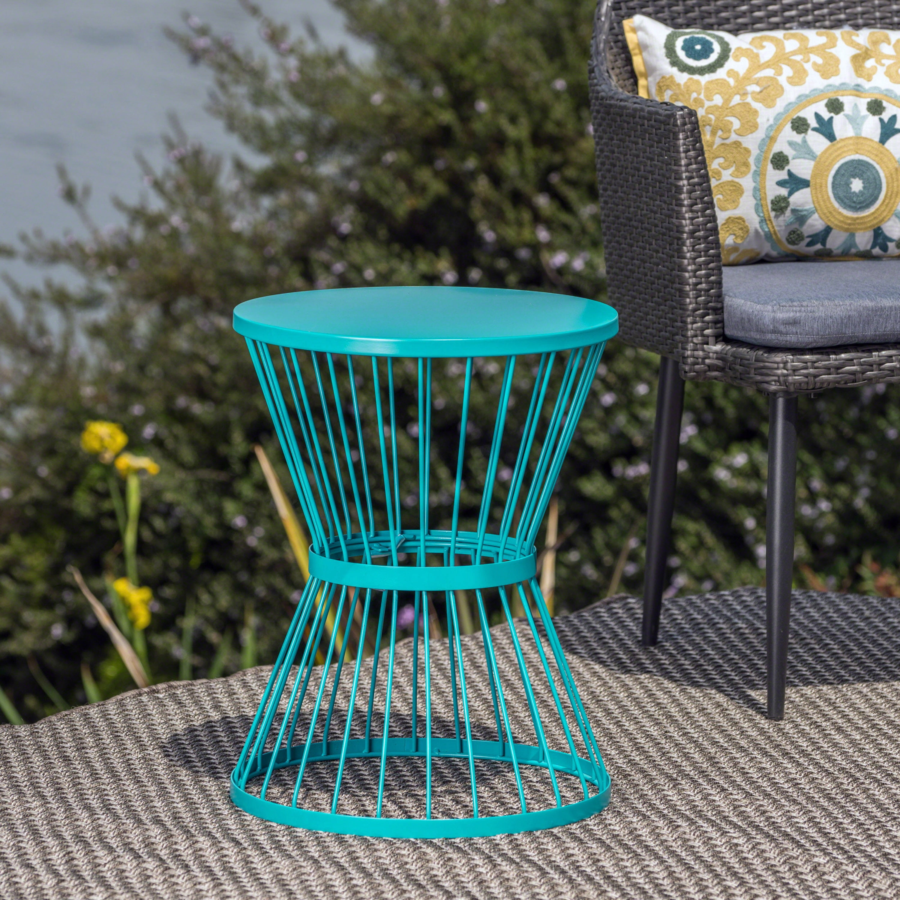 Hourglass Side Table, 16 Inch Stainless Steel Open Cage Design End Table for Patio Balcony, Taupe