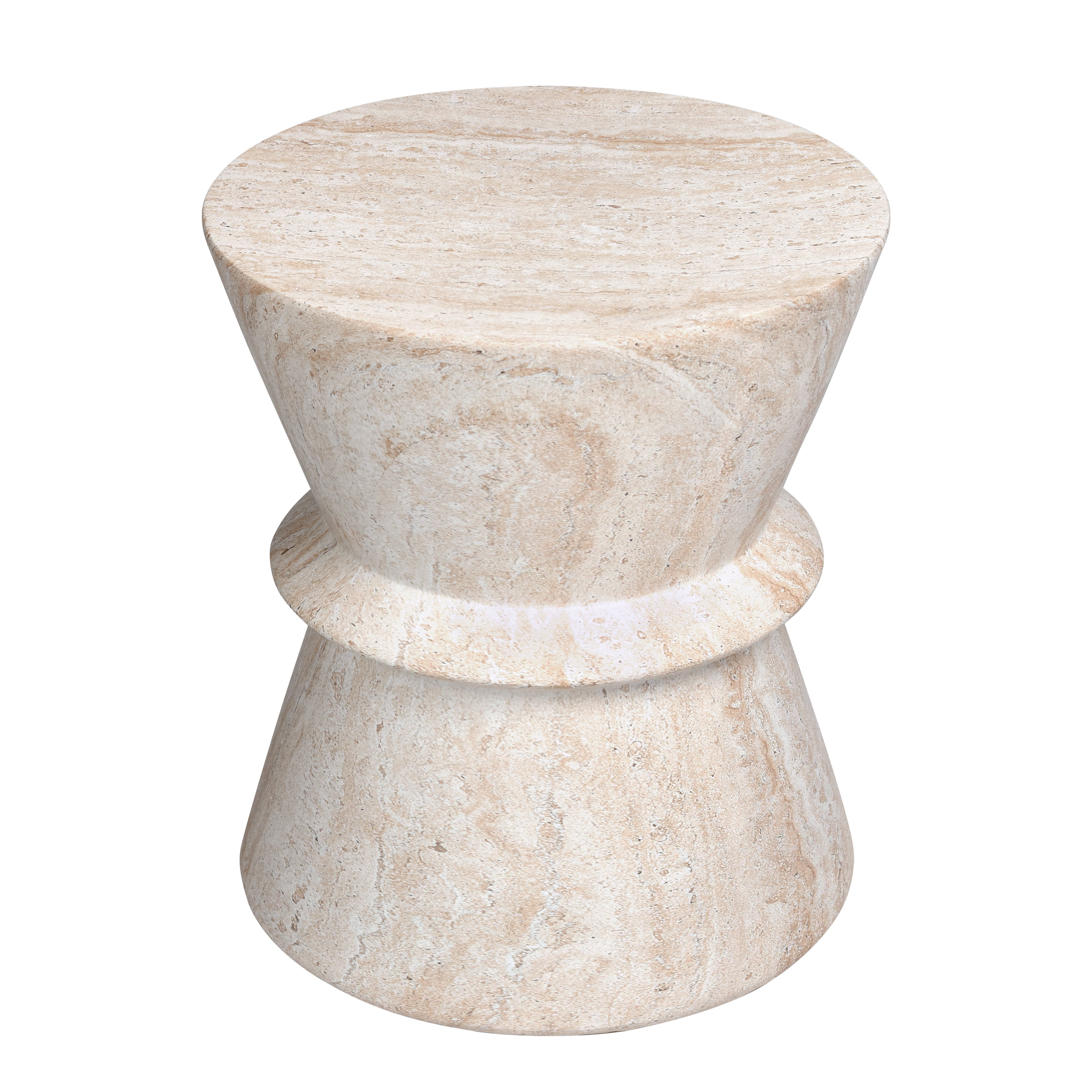 Hourglass Beige Travertine Stone Finish Round Side Table