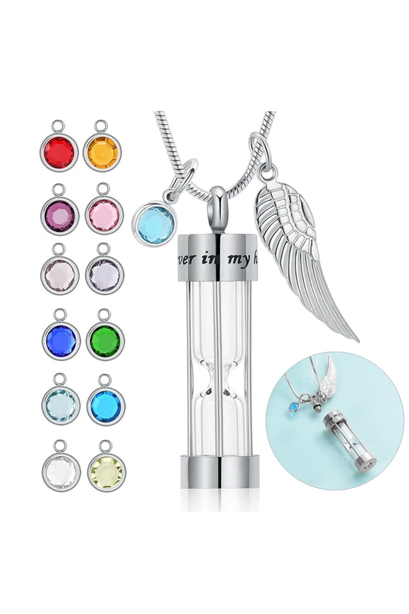 Hourglass Urn Necklace for Ashes Ashes Necklace Stainless Steel Cremation Necklace with Angel Wings for Human Ashes Memorial Ashes Holder