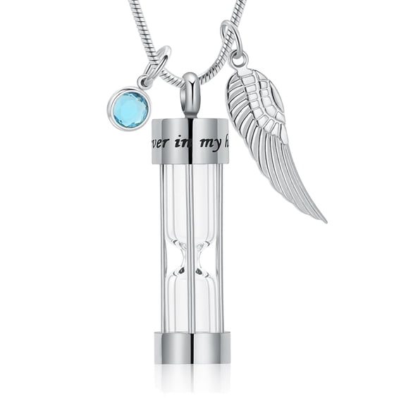 Hourglass with wings March Navy Blue Birthstone Cremation Pendant Small Urns For Ashes Keepsake Urn Necklace