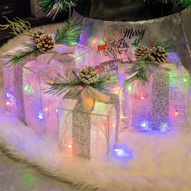 Hourleey Set of 3 Christmas Lighted Gift Boxes Pre lit 60 LED Light Up Present Boxes Ornament Outdoor Multi Color Tinsel Boxes Decoration for Indoor Christmas Home Yard Lawn Decor Walmart