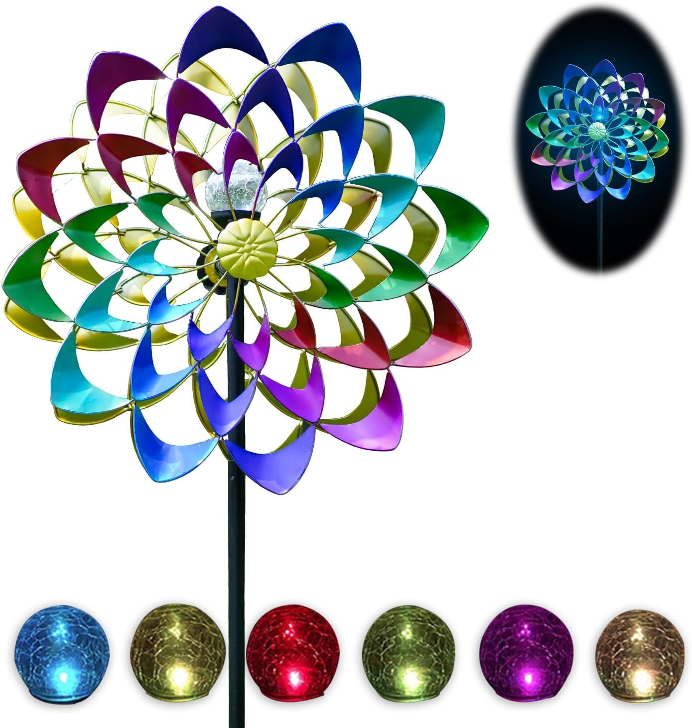 Hourpark 84'' Double Metal Rotator Garden Wind Spinner with LED Solar