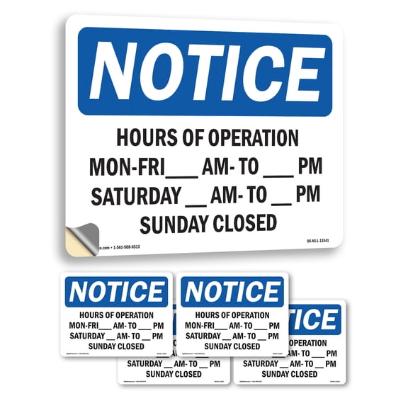 Hours Of Operation Mon OSHA Notice Vinyl Decal Label 5 Inch x 3.5 Inch - 5 Pack