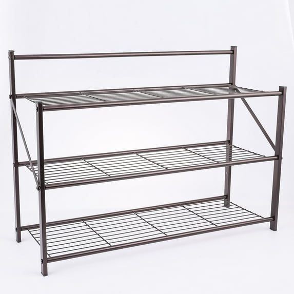 House 2 Home 27" Long 3 Tiers Foldable Metal Shelf / Shoe Rack, Powder Coated Bronze Paint.