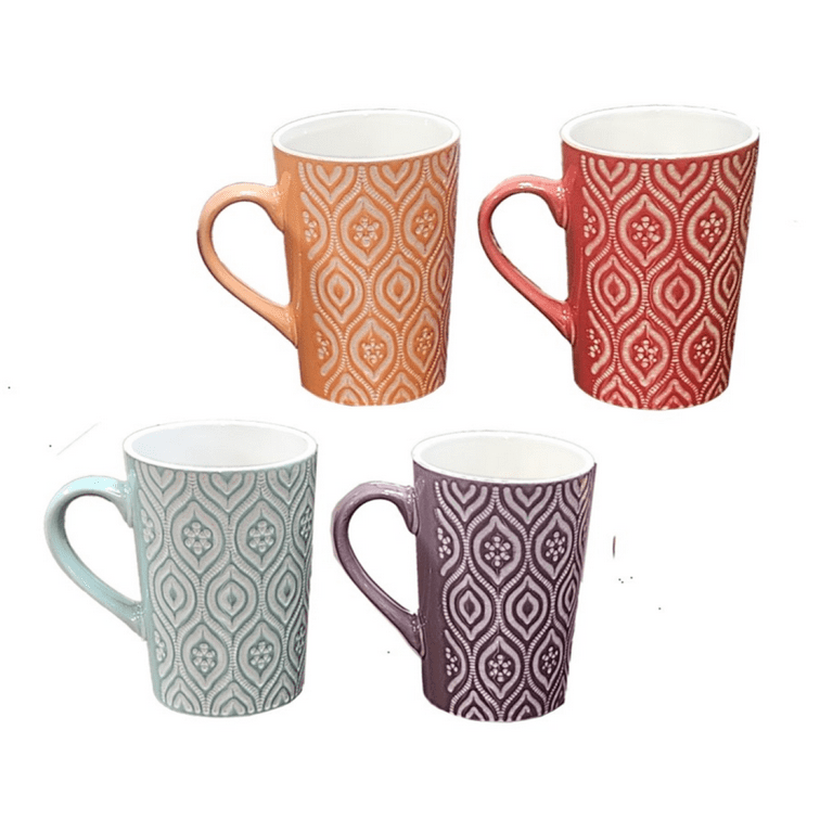 House 2 Home 4 Pc 16oz Multi-Color Ceramic Coffee Mug Set, Ikat Design