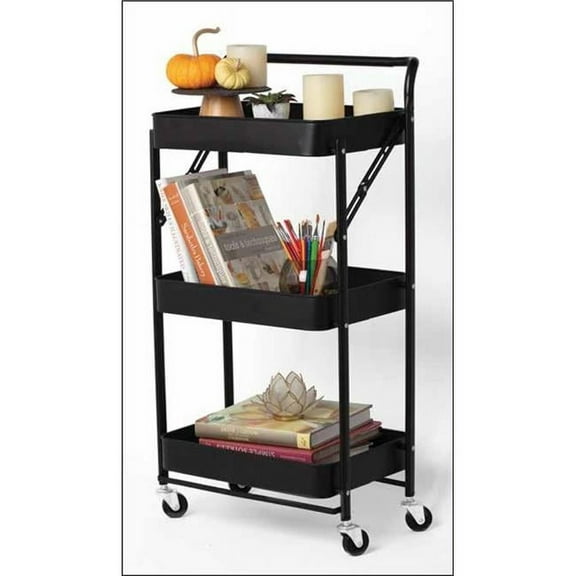 House 2 Home W11T203-B 18 x 12 x 38 in. Foldable Rolling Trolley, Black - 3 Tiers