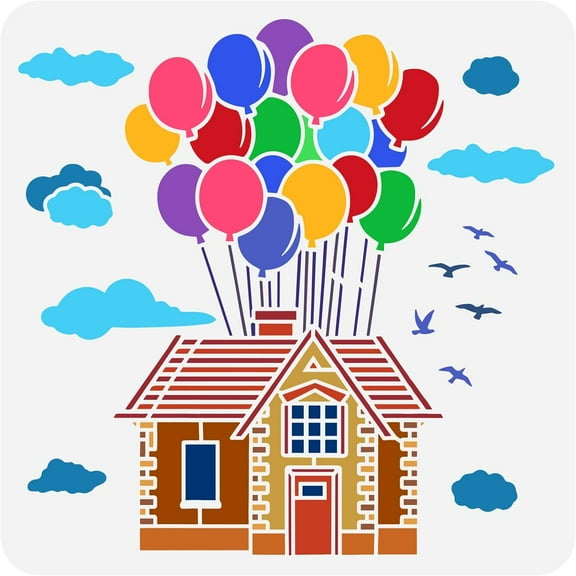 House with Balloons Painting Stencil 11.8x11.8inch Reusable Flying House Tour Drawing Template DIY Craft Cloud Birds Stencil for Painting on Wood Wall Fabric Canvas Furniture White