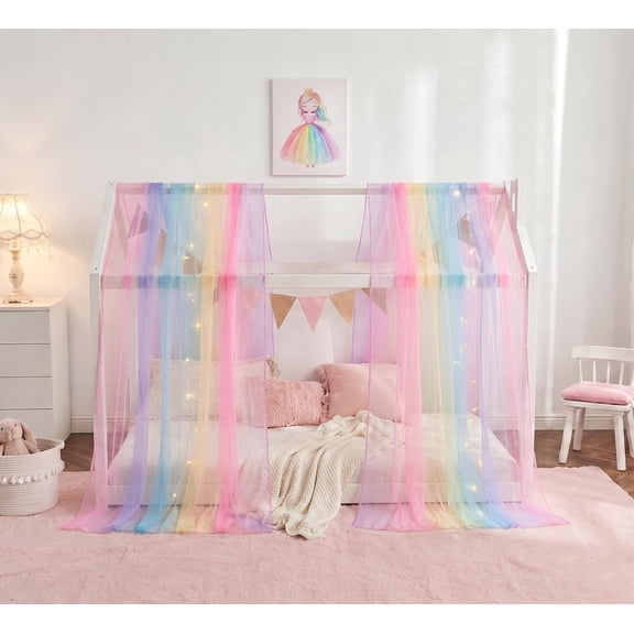 House Bed Canopy for Girls, Rainbow Curtains Twin with Lights, Princess Sheer Scarf Girls Room Decor (2 Panel)