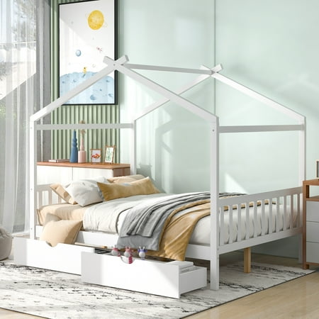 House Bed Frame with Headboard and Footboard, Full Size Roof Design Platform Bed Frame Wood Kids Bed Floor Play House Bed with 2 Drawers for Girls Boys Toddlers, No Box Spring Needed, White