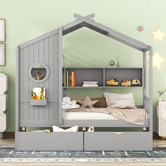 House Bed Frame Twin Size with Storage Drawers and Shelf, Wood Low Profile Platform Bed with Window, Headboard and Footboard, Wood Slats, No Box Spring Needed, Gray