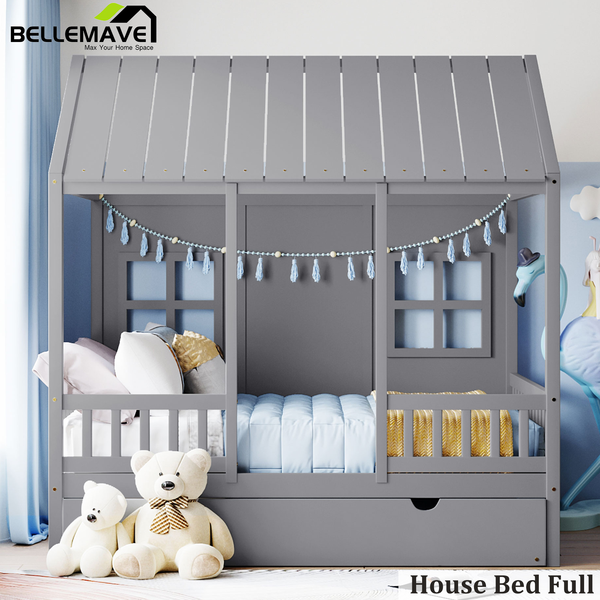 House Bed Frames Full, House Daybed with Trundle Bed, Wood Trundle Bed