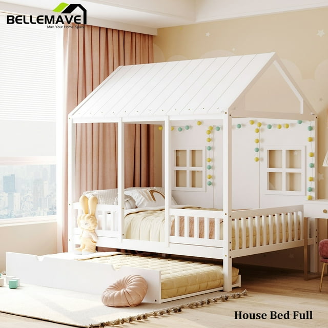 House Bed Frames Full, House Daybed with Trundle Bed, Wood Trundle Bed