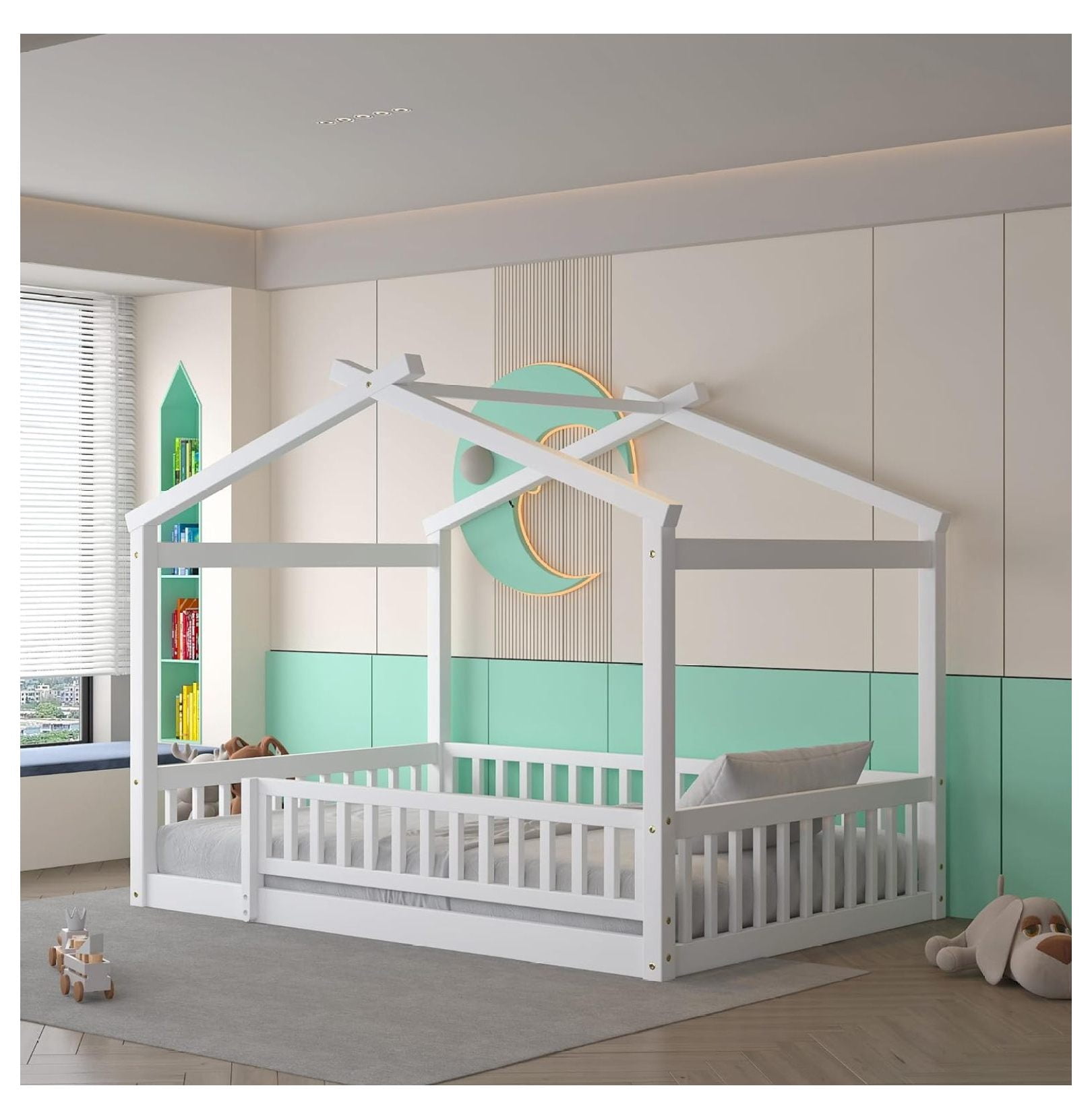Bellemave Full Size House Floor Bed With Fence & Roof – Montessori Wooden Bed Frame For Kids, Low Height, Playhouse Design (White)