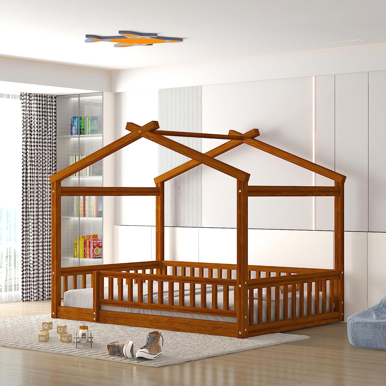 House Bed Full Size Floor Bed with Fence Railings, Wooden Montessori