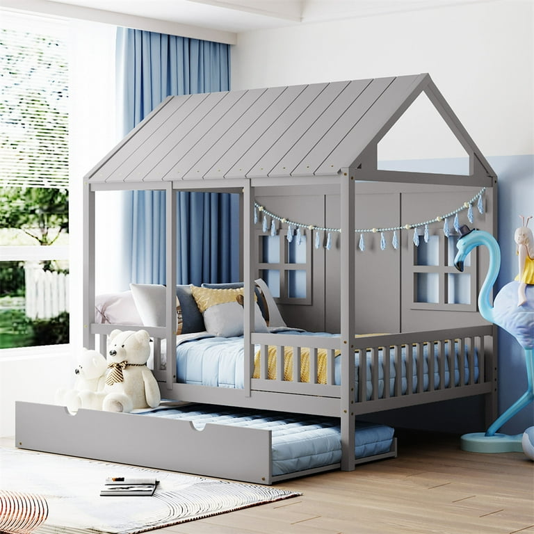 House Bed with Trundle Solid Wood Full Size House Platform Bed