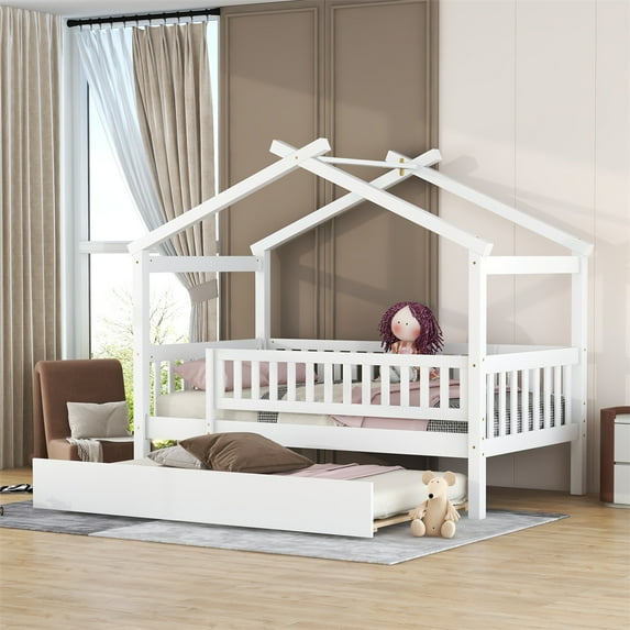House Bed with Trundle, Solid Wood Twin Size Platform Bed with Roof and Safety Guardrails, Low Montessori Bed, Playhouse Bed Tent Bed for Boys Girls Children Bedroom, No Box Spring Needed, White