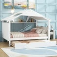 thumbnail image 1 of House Bed with Trundle and Storage Shelf, Solid Wood Full Size Platform Bed Frame with Headboard, Footboard and Roof, Multifunctional Daybed for Living Room, Bedroom, White, 1 of 7