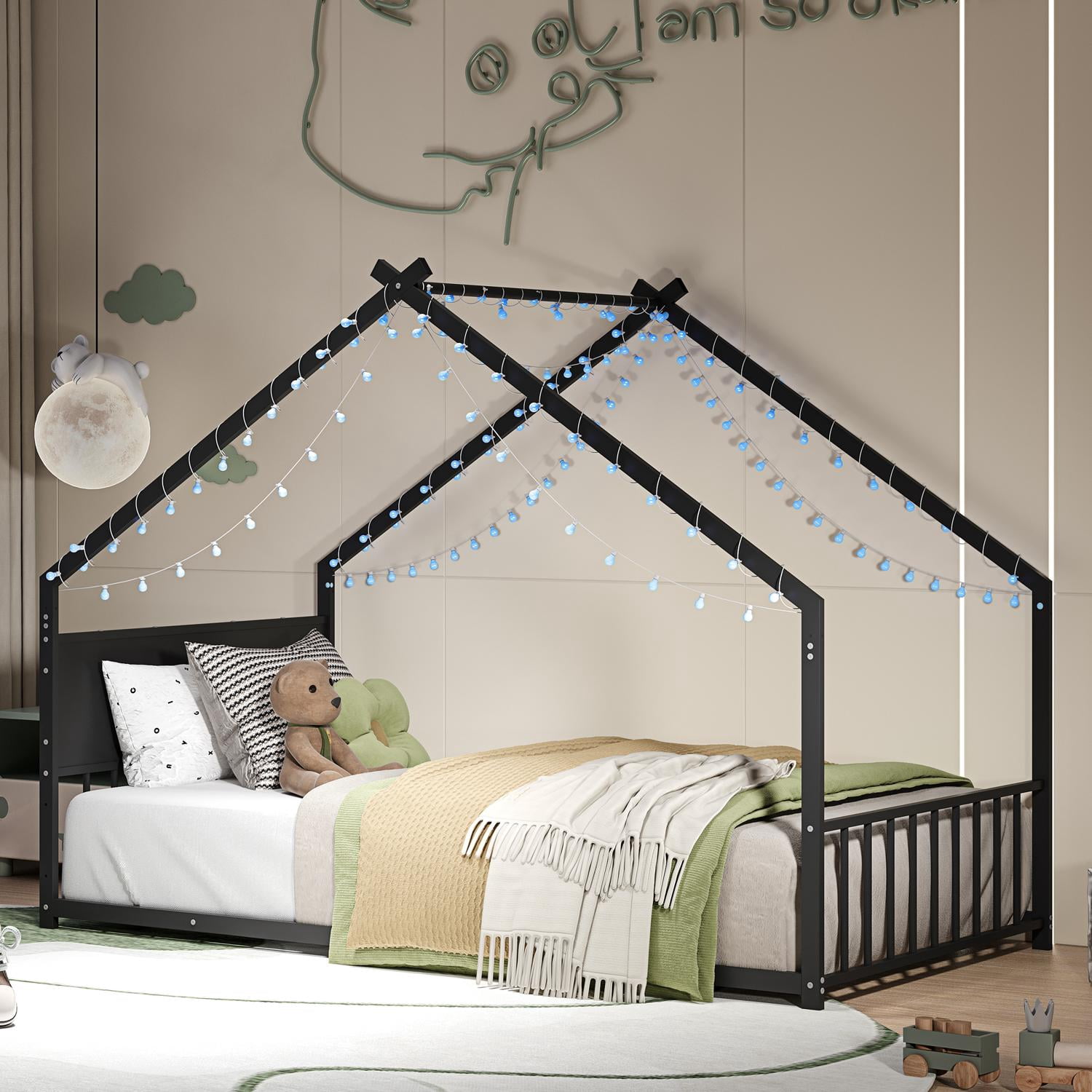 House Bed, Twin Size Bed Frame, Metal Bed with Roof and Colorful Lights, Slats Support No Box Spring Needed, Black Youth Bed