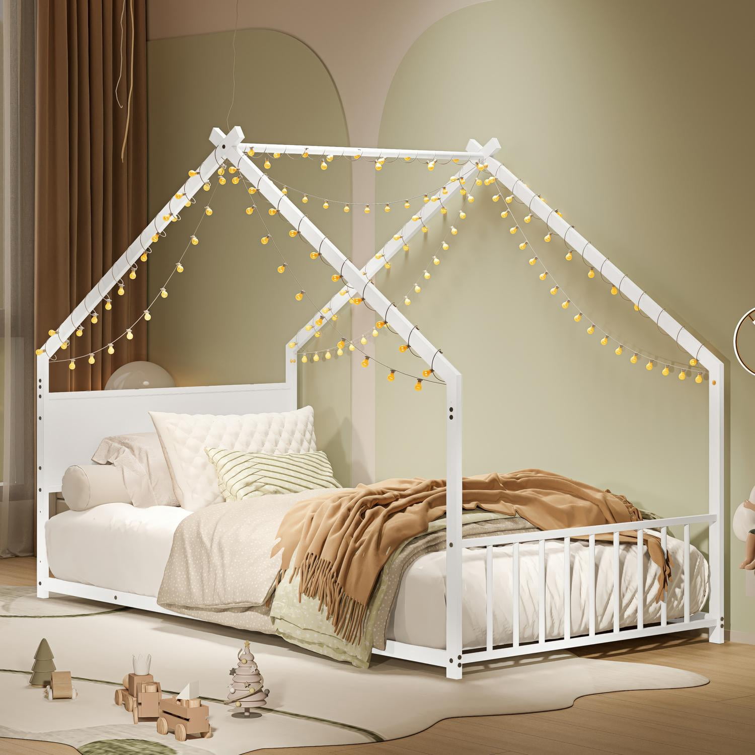 House Bed, Twin Size Bed Frame, Metal Bed with Roof and Colorful Lights, Slats Support No Box Spring Needed, White Youth Bed