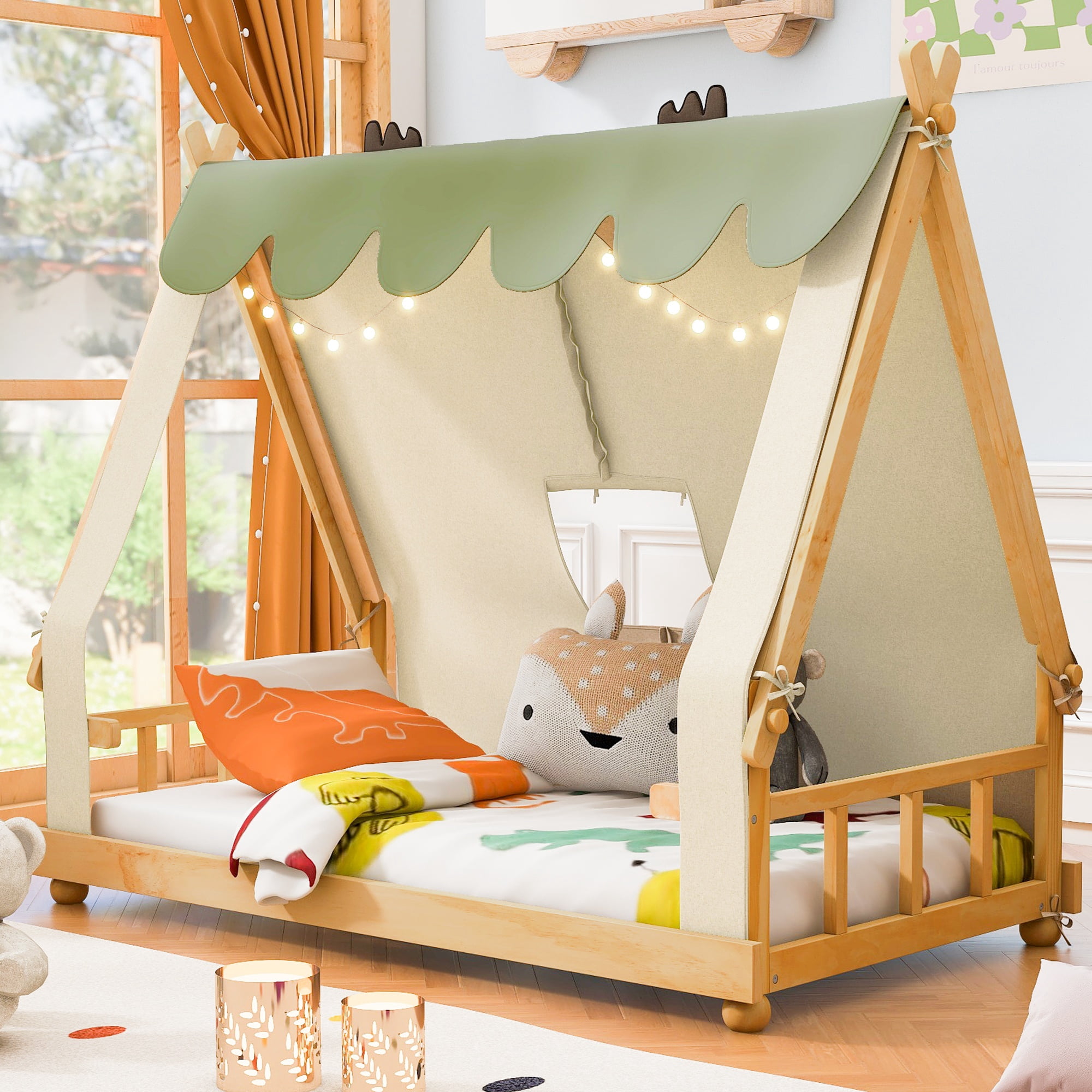 House Bed Twin Size, Wooden Floor Bed Frame with Detachable Tent and Skylight Light, MDF+LVL Construction for Kids Bedroom and Playroom, White
