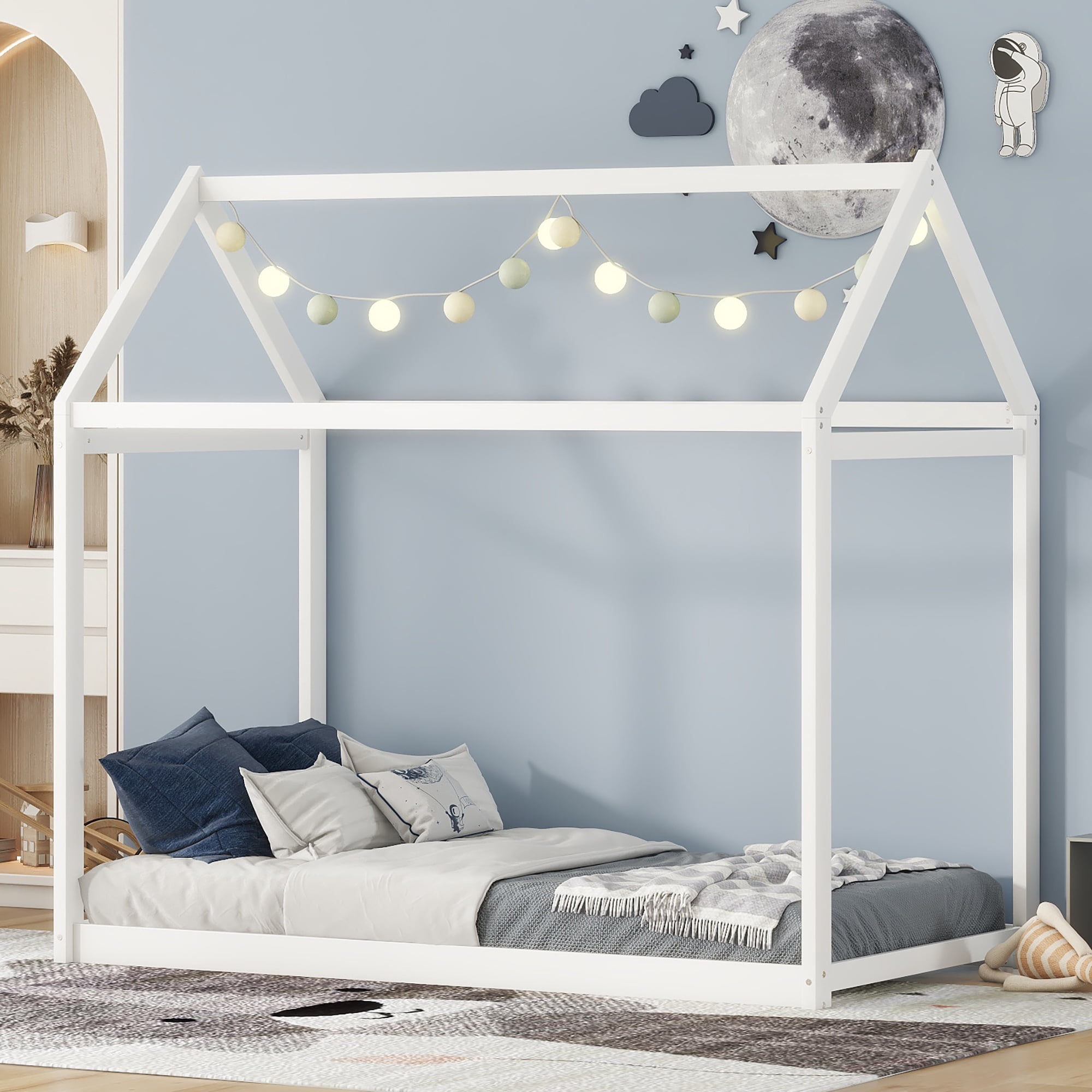 Solid Wood House Bed Twin for Kids,House Bed Frame Montessori Floor Bed for Kids Children Toddler Girls Boys,White