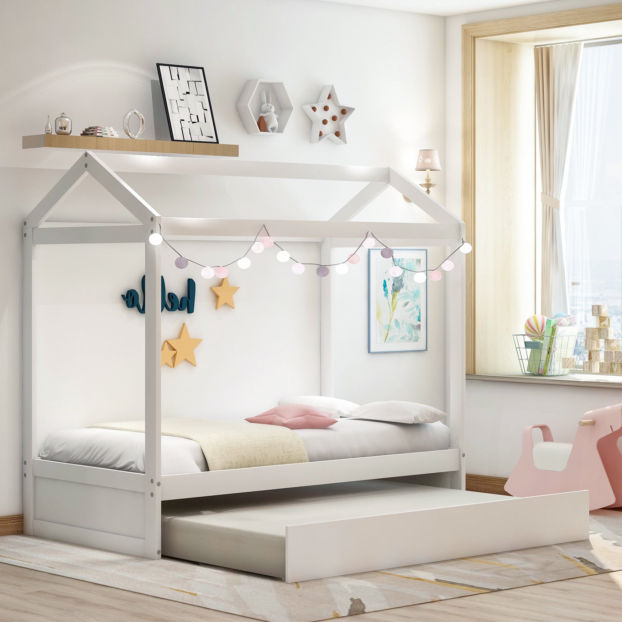 Solid Wood House Bed Twin with Trundle for Kids,House Bed Frame with Trundle for Kids Children Toddler Girls Boys,White