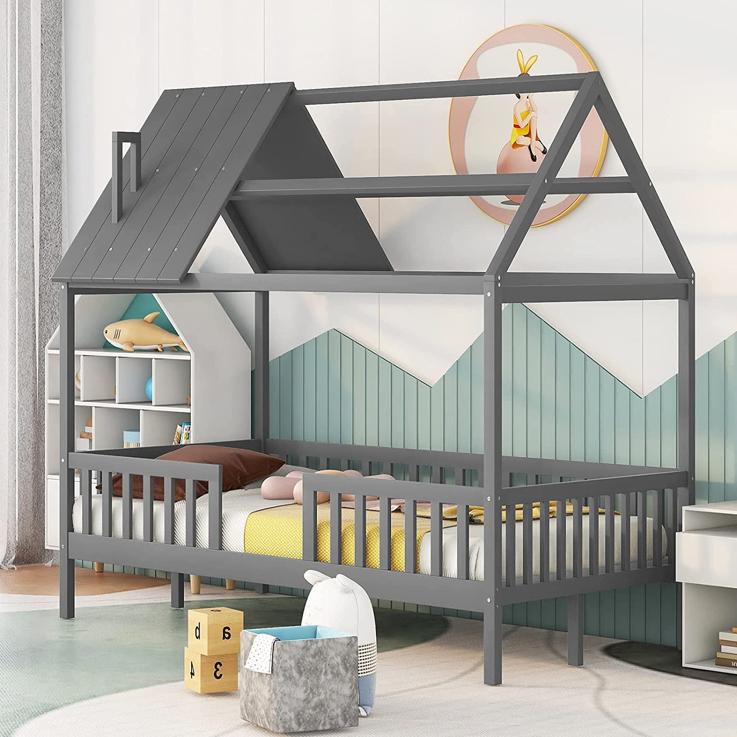House Bed With Fence Railings And Roof Kids Montessori Beds With Wood