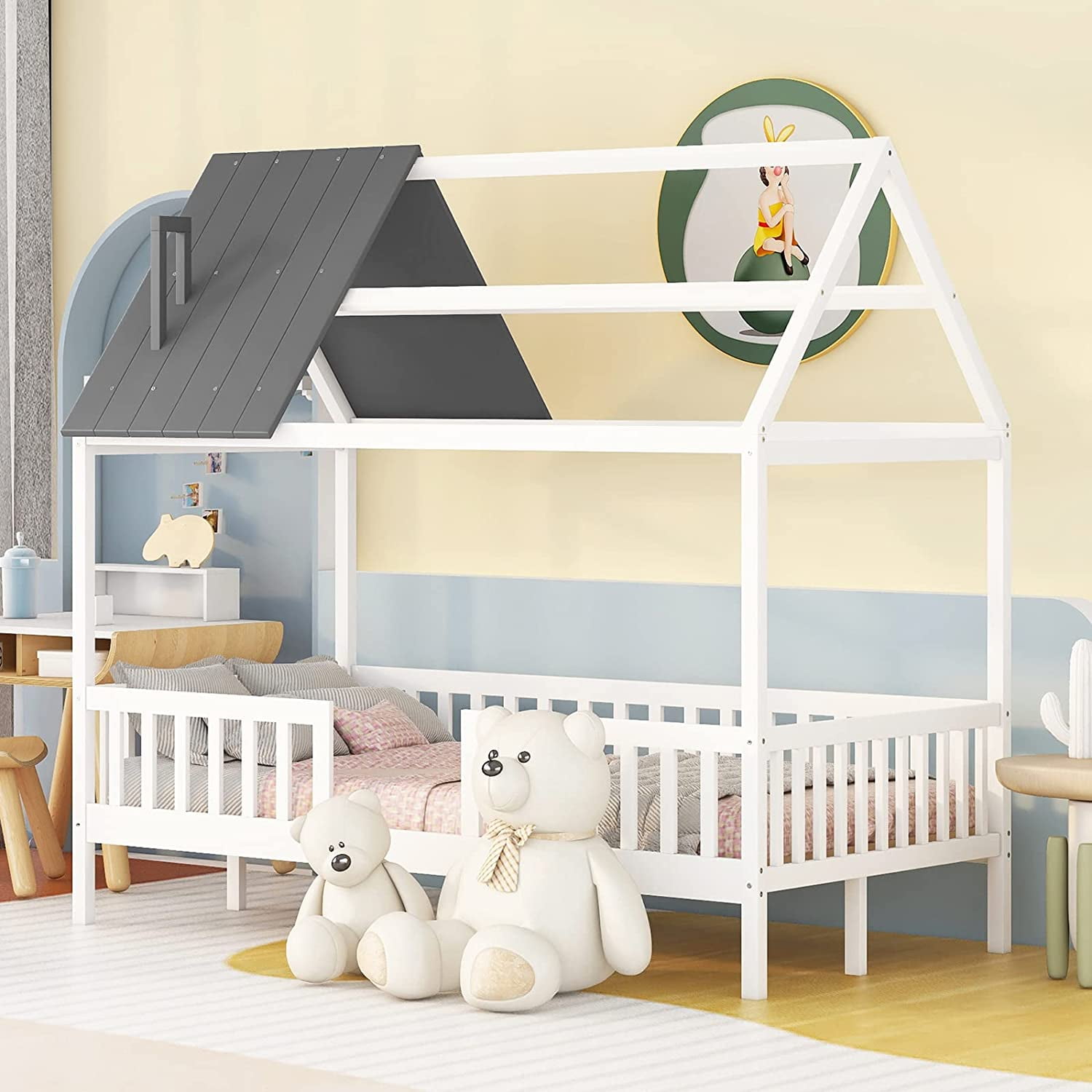 House Bed With Fence Railings And Roof Kids Montessori Beds Wood Cabin