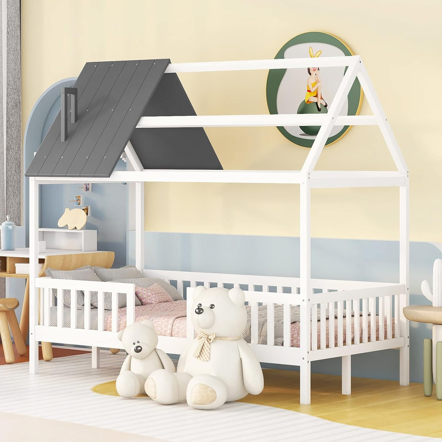 House Bed With Fence Railings And Roof Kids Montessori Beds Wood Cabin Playhouse Bed Frame For