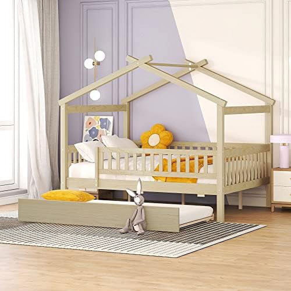 House Bed With Trundle And Fence, Full Size Montessori Beds With