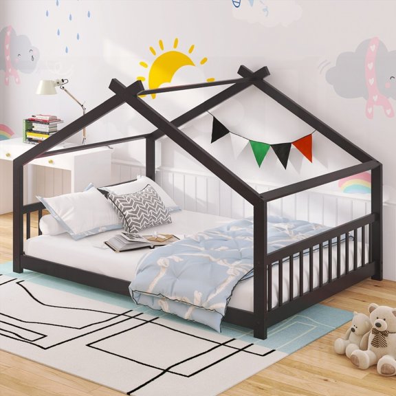 House Bed for Full Size - Wood with Espresso Finish & Roof