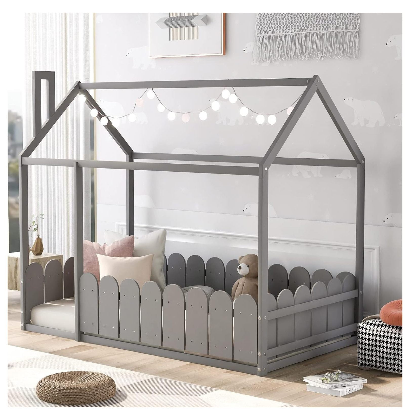 House Bed for Kids, Full Size Bed with Roof and Fence, Wood Bed Frame