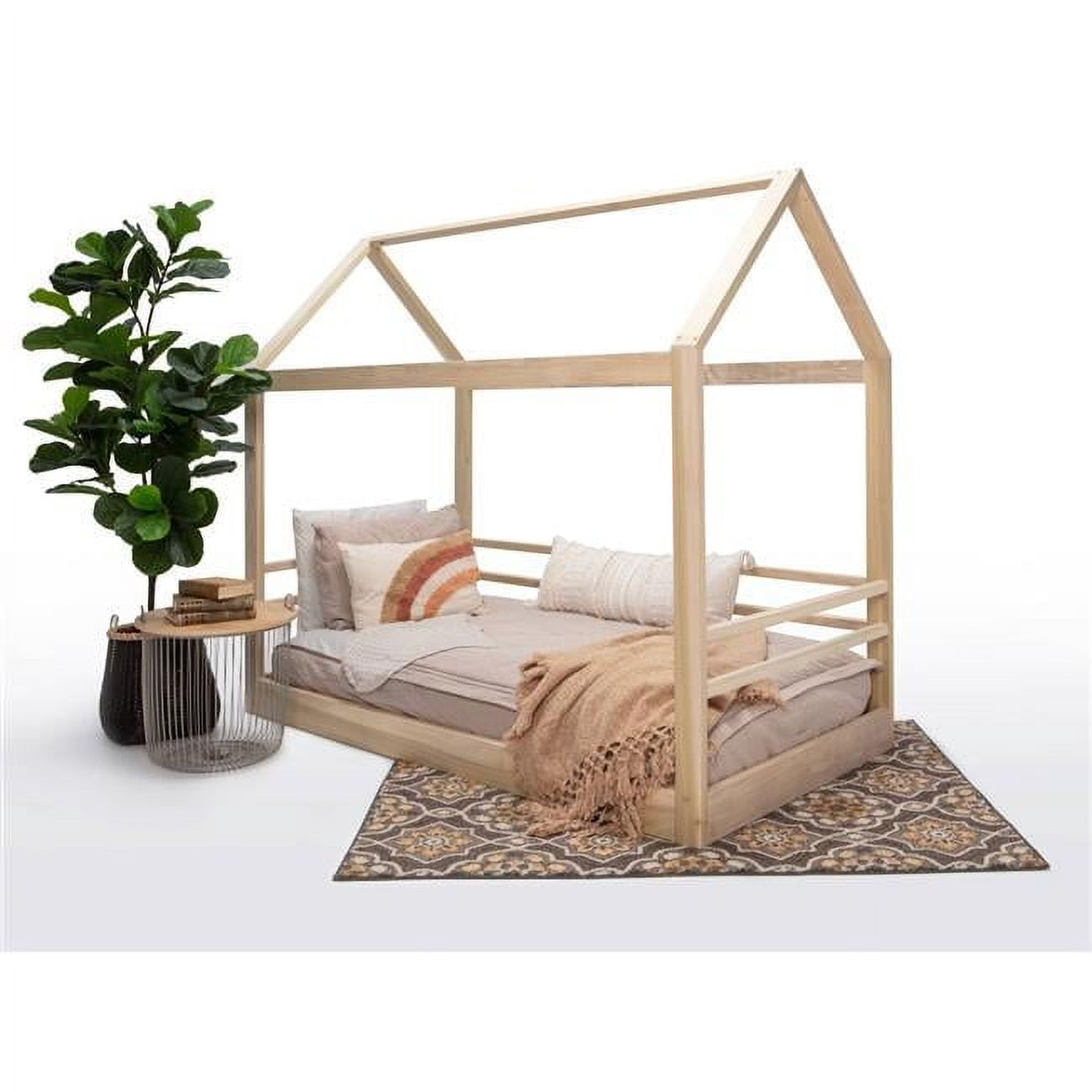 House Bed on Raised Platform with Side Rails on Three Sides, Natural - Twin Size