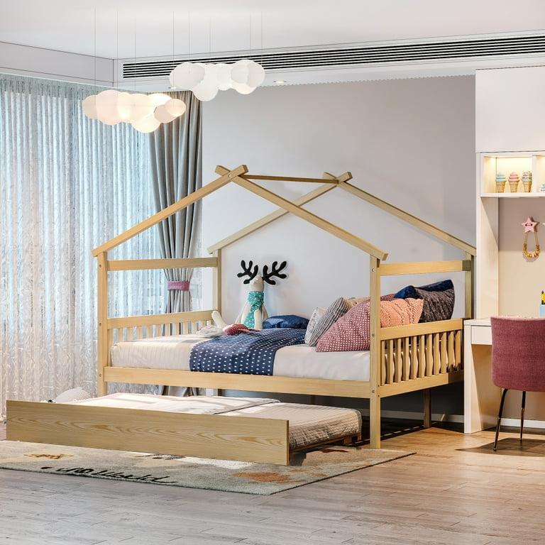 House Beds with Trundle for Kids Wood Playhouse Bed Frame for Girls Boys Full Size Platform Trundle Bed with Roof and Fence Shaped Guardrail Daybed Frame for Toddler Teen No Spring Needed Natural