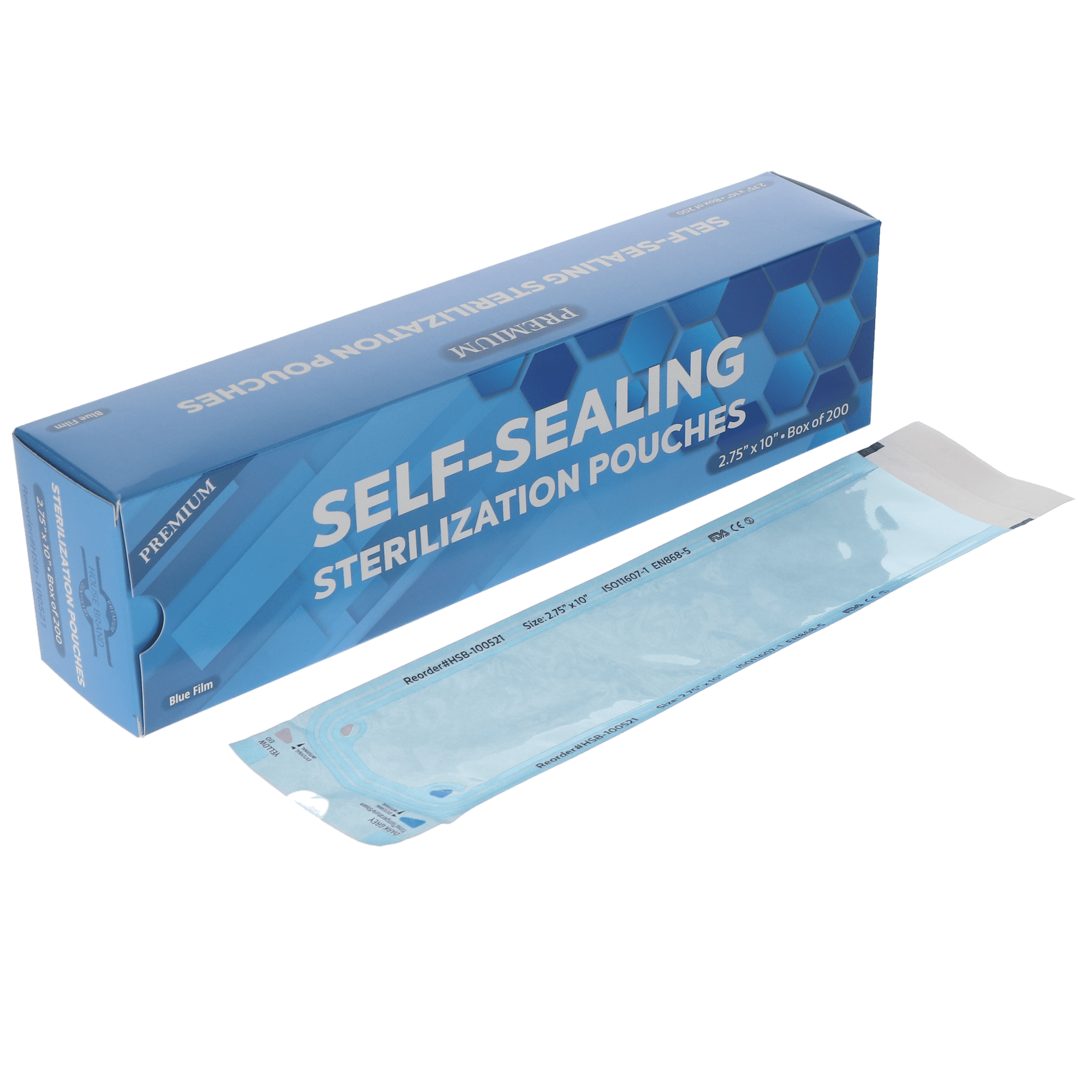 5.25 X 11 Inch Self-Sealing Sterilization Pouches | 200/Box, Internal/External Indicators, Blue Tint Film