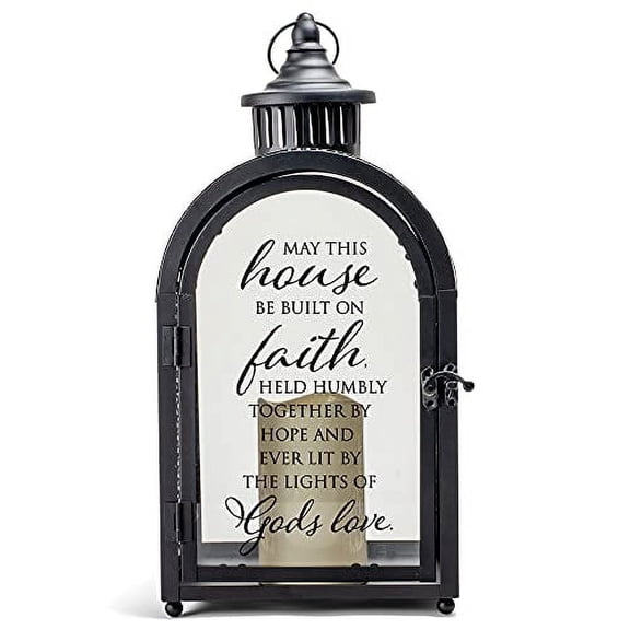 House Built On Faith Black 16.5 x 7.5 Metal and Glass Candle Lantern