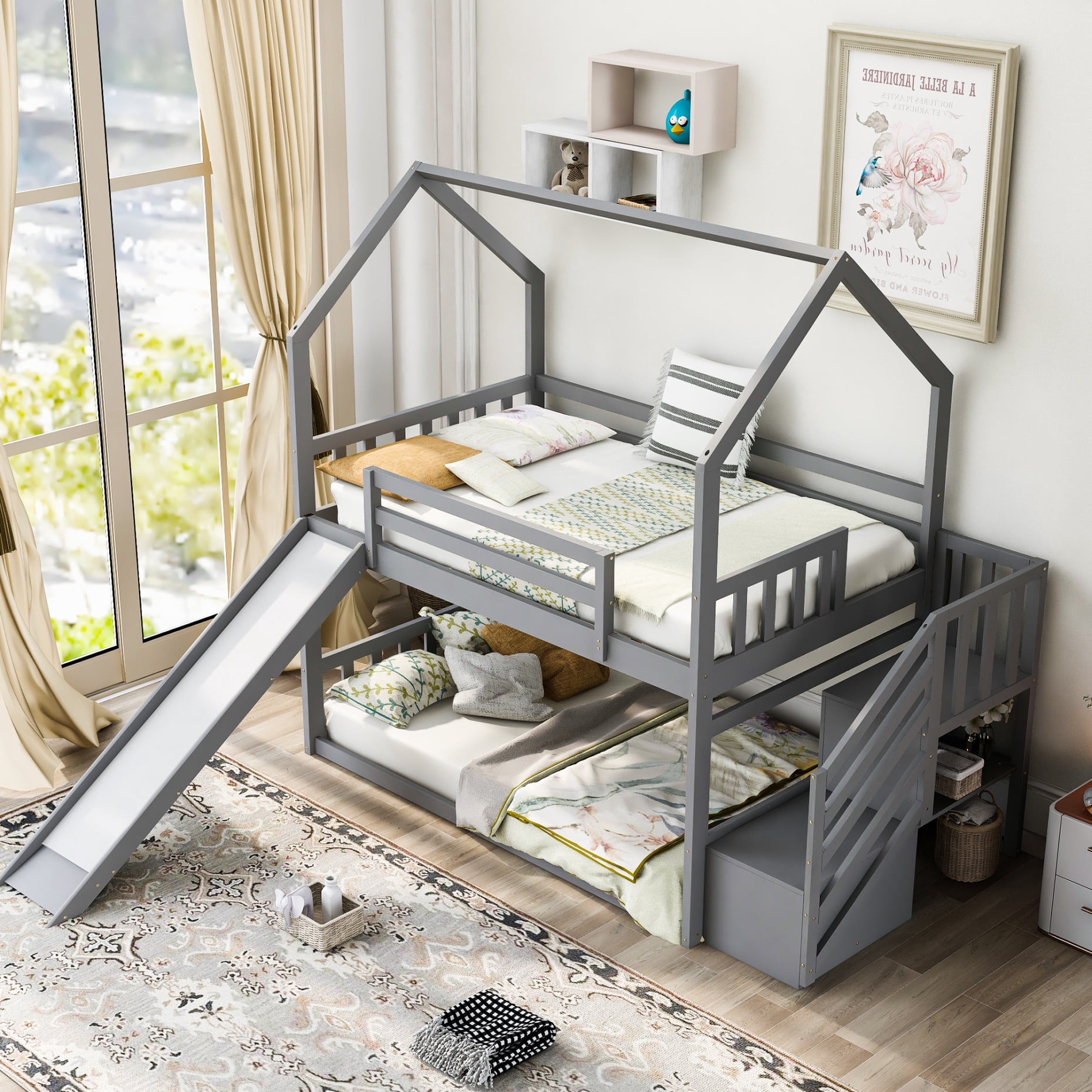 House Bunk Bed with Convertible Slide and Storage Staircase, Twin over ...