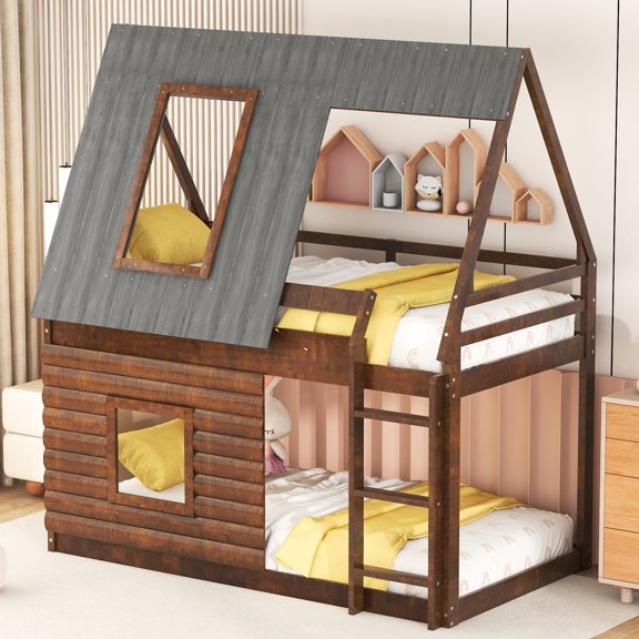 House Bunk Bed For Twins - Oak & Smoky Grey With Roof, And 2 Windows Wood Construction, Bedroom Choice Twin Size In With Strong Stable Construction