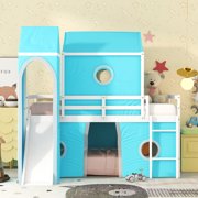 House Bunk Bed Frame with Slide, Tent and Tower, Health and Comfort Storage Shelves, Wooden Bunk Beds for Kids Boys Girls Teens (Blue,Twin Over Twin)