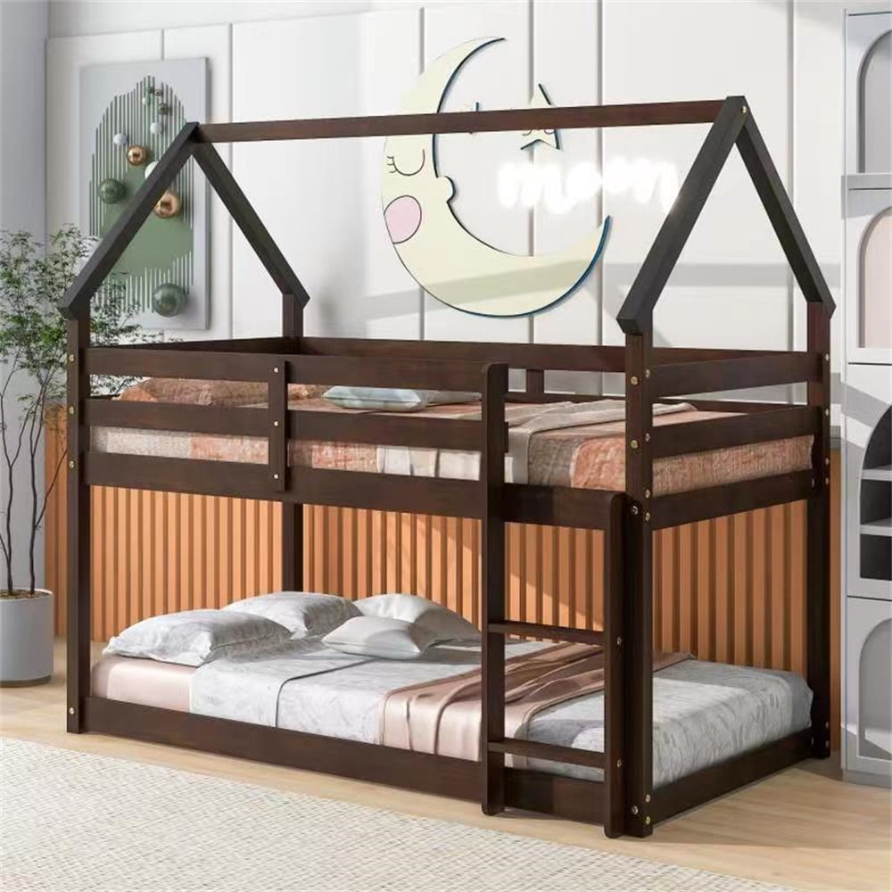 House Bunk Bed with Roof, Solid Wood Twin Over Twin Low Bunk Bed Frame with Safety Guardrail