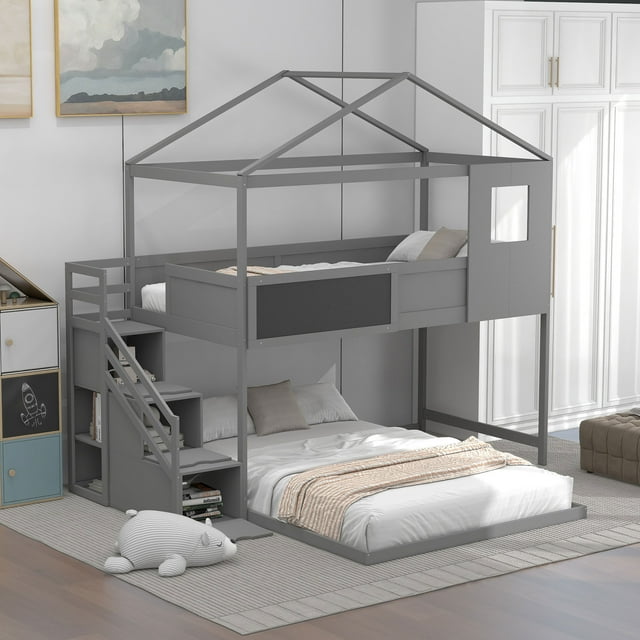 House Bunk Bed with Roof, Twin Over Full Loft Bunk Bed with Storage Staircase and Blackboard