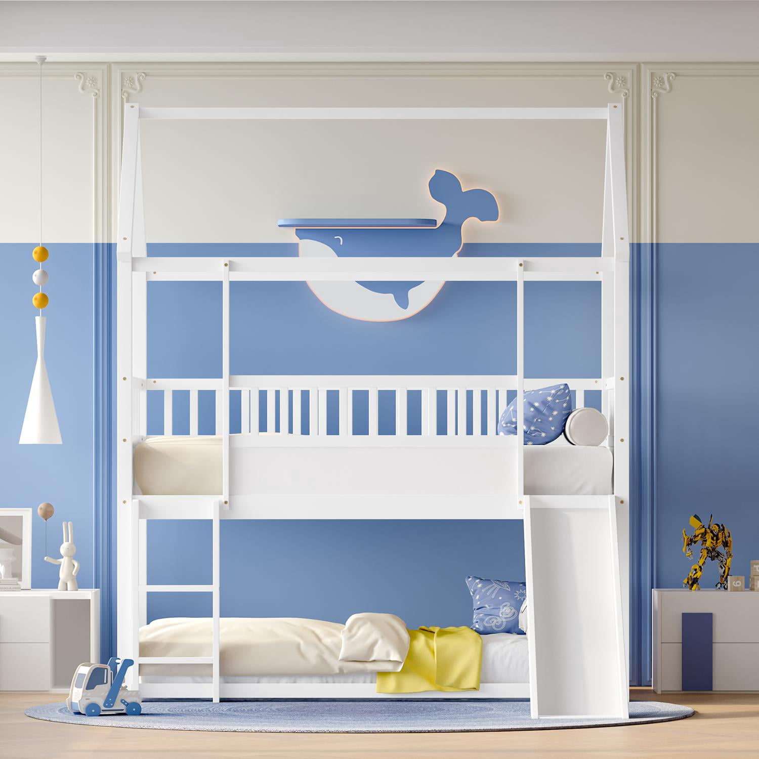 House Bunk Bed with Slide and Ladder, Twin Over Twin Floor Bed with Safety Guardrail, White Pine Wood Kids Bedroom Furniture, Convertible Slide and High Guardrail Design